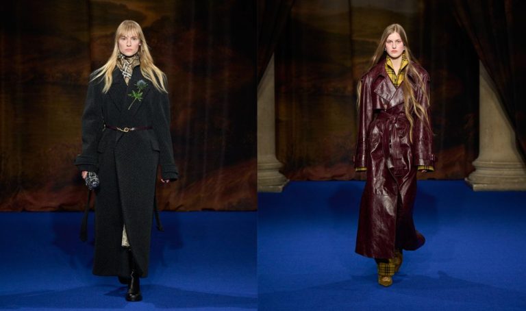 Burberry Automne-Hiver 2025-26 dévoile une collection pour femme et homme : trenchs revisités, brocarts luxueux et couleurs nobles au service du patrimoine britannique.