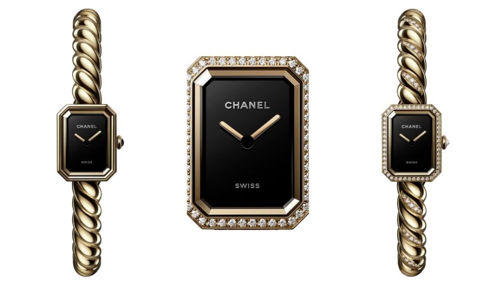 Montre Chanel Première Galon en or jaune, bracelet rigide inspiré du galon couture, cadran noir laqué et design joaillier — nouvelle icône horlogère 2025.
