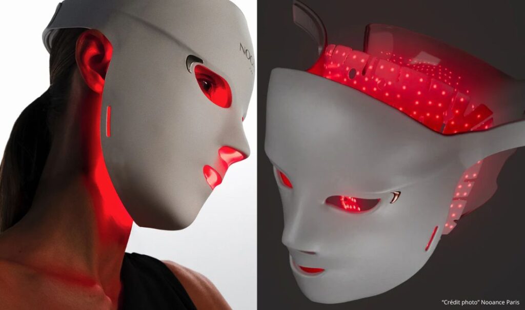 Masque LED visage haute technologie, réduit rides et ridules, améliore fermeté et éclat du teint.