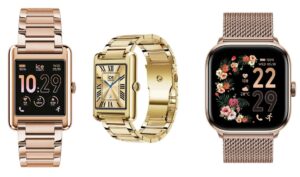 Three rose-gold watches on a white background: left is a rectangular digital smartwatch, center a gold bracelet-style analog watch, right a square smartwatch with a floral face.