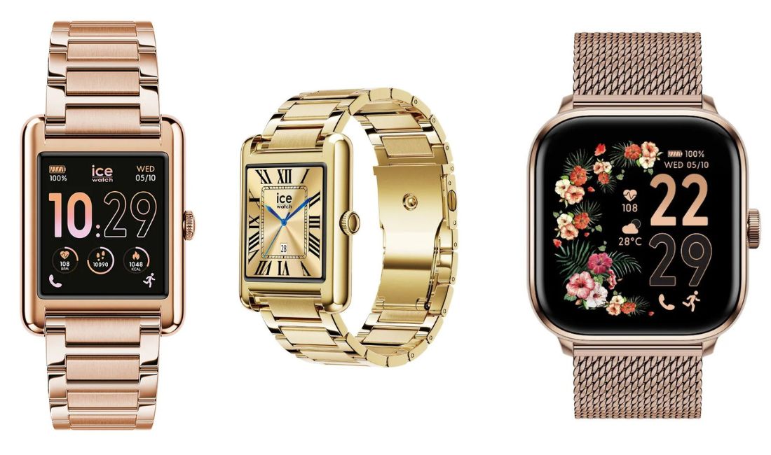 Three rose-gold watches on a white background: left is a rectangular digital smartwatch, center a gold bracelet-style analog watch, right a square smartwatch with a floral face.