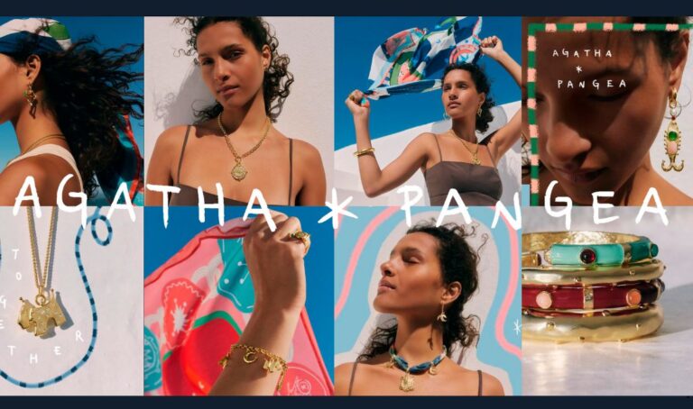 Campagne de la collection Agatha x Pangea, été 2026 : colliers, boucles d'oreilles, bracelets et manchettes dorés et colorés portés en bord de mer