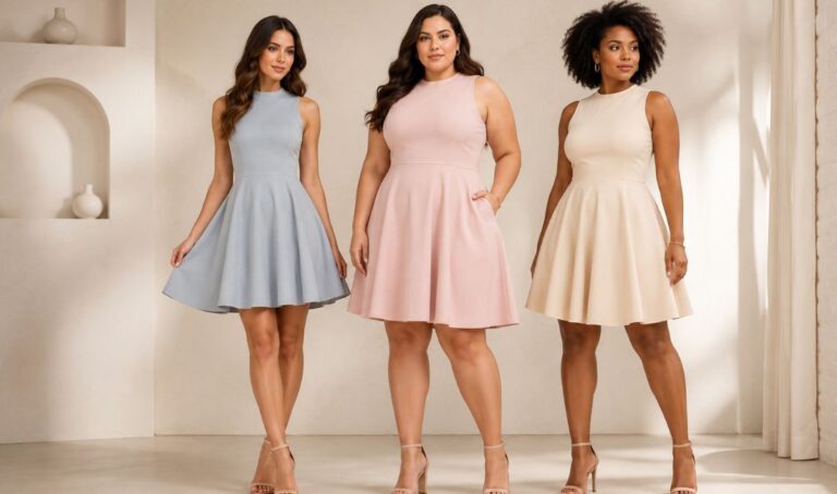 Three women model pastel-colored A-line dresses (blue, pink, and cream) in a neutral studio, all wearing nude heels and posing confidently.