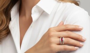 Bague en rubis rouge et diamants en or blanc portée au doigt