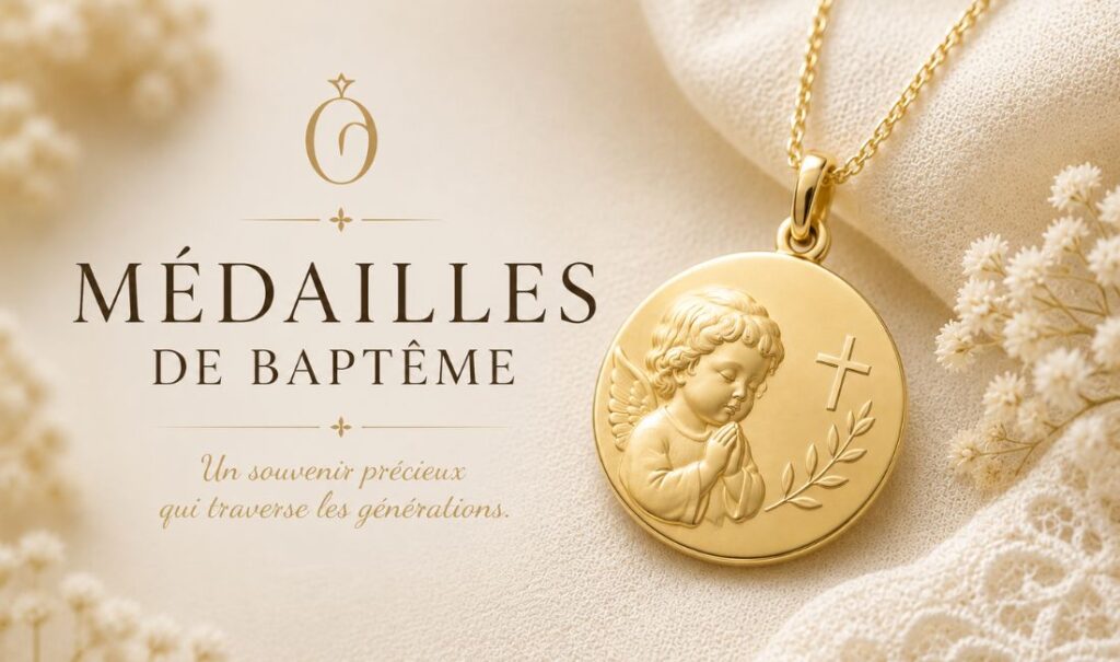 Médaille de baptême en or, motif ange en prière et croix, sur chaîne dorée