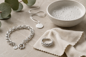 Bijoux en argent, bol d'eau savonneuse et chiffon de nettoyage