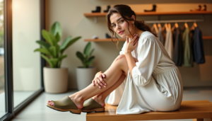 Woman in a white dress sits on a wooden bench inside a clothing store, trying on olive sandals by a window with plants and racks in the background.