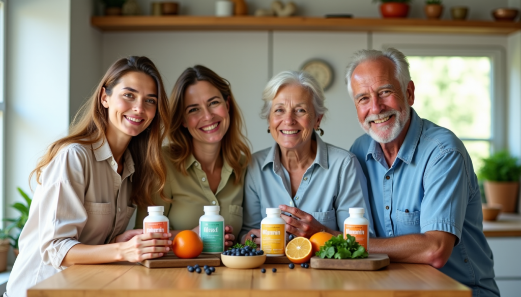 Four smiling adults sit at a kitchen table with colorful vitamin bottles and fresh fruit, promoting healthy living.