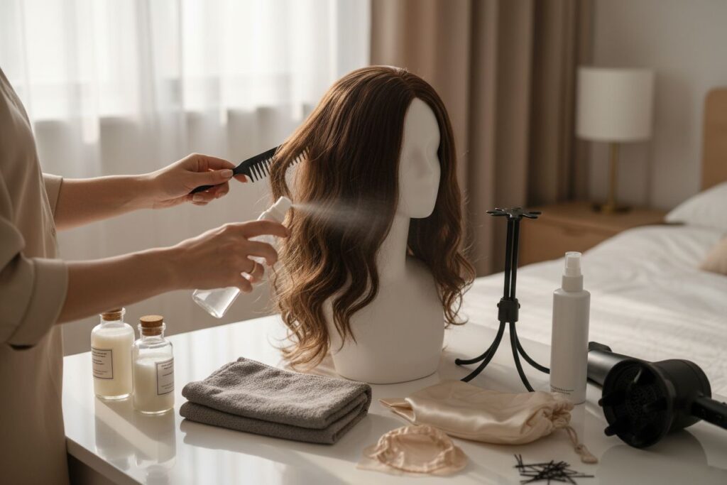 Mannequin head with a wavy brown wig on a dressing table as someone sprays product and combs the wig.