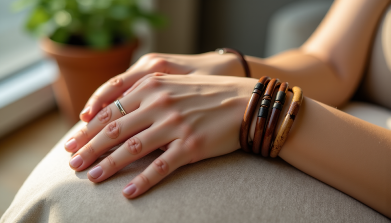 Close-up of a woman's hands resting on her lap, wearing layered brown wooden bracelets and a silver ring on the index finger.