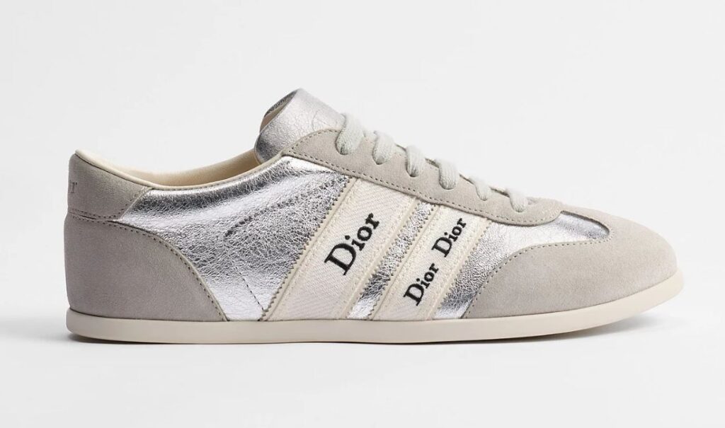 Sneaker Dior Ribbon femme veau velours gris et cuir laminé argenté