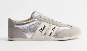 Sneaker Dior Ribbon femme veau velours gris et cuir laminé argenté