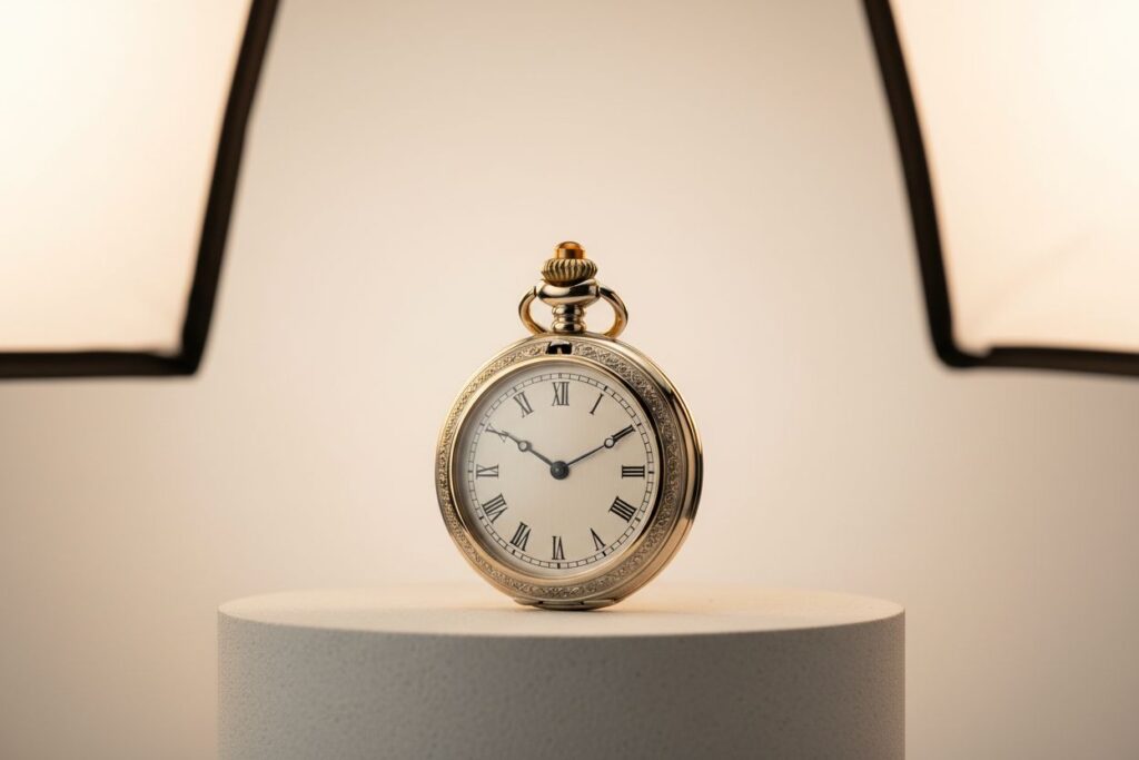 Ornate gold pocket watch on a white pedestal, lit by studio lights.