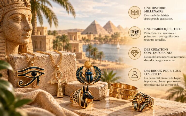 Egyptian-inspired jewelry on a stone ledge with pyramids and the Nile in the background; Eye of Horus, Ankh, scarab, and gold bracelets visible